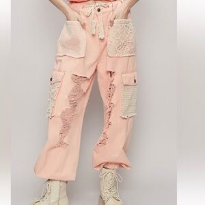 NWOT POL Peach Crochet Distressed Jogger Jeans